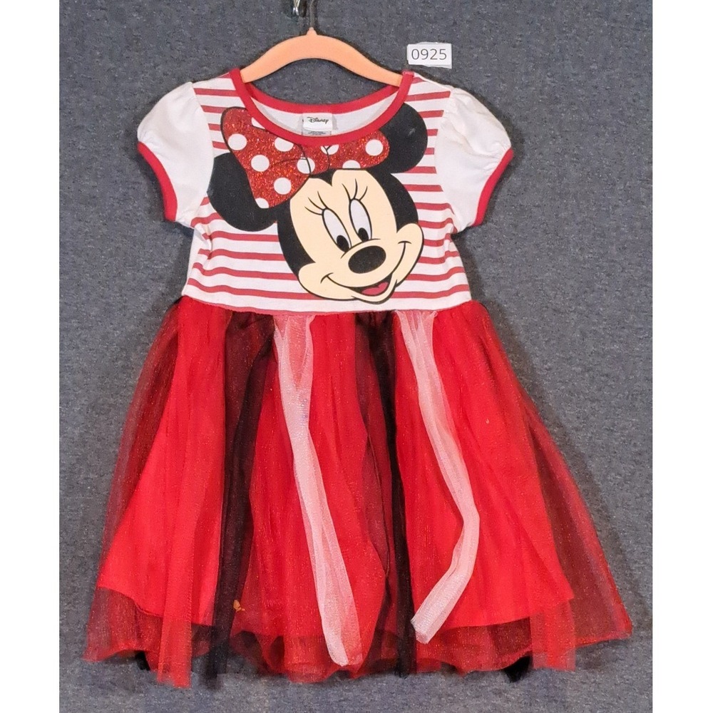 Disney Minnie Mouse Girls 3T Red White Striped Tulle Tutu Dress Glitter Graphic